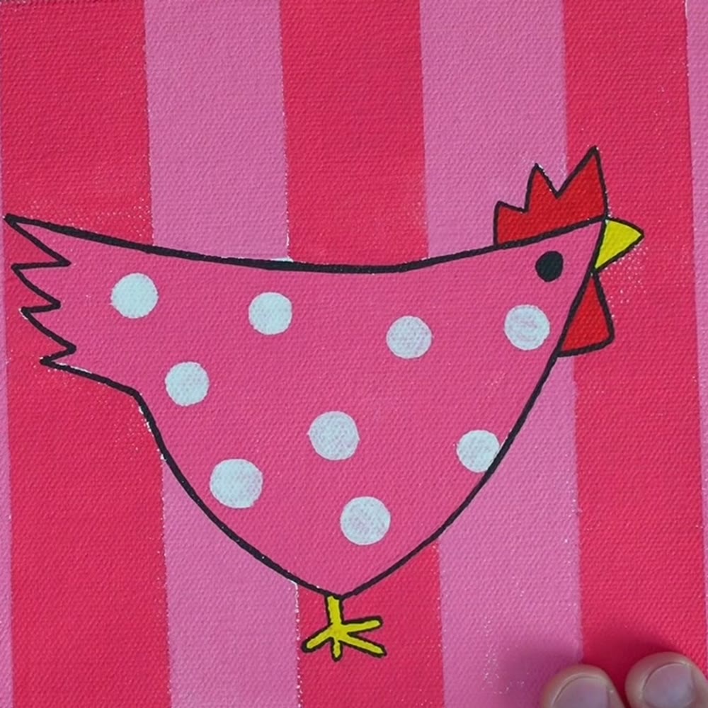 Pink polka-dot chicken on pink stripes